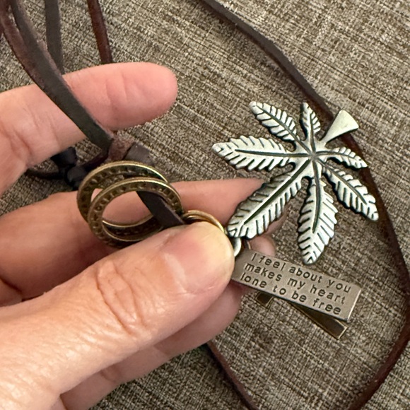 Long Necklace, Leather Silver & Brown Leaf Pendant Necklace, Handmade Jewelry - Picture 4 of 11